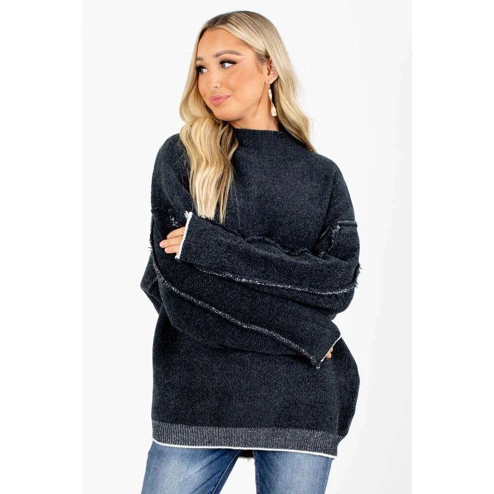 Zenana Sweater Womens Mock Neck Oversized Knit Pullover Cozy Top Black Large